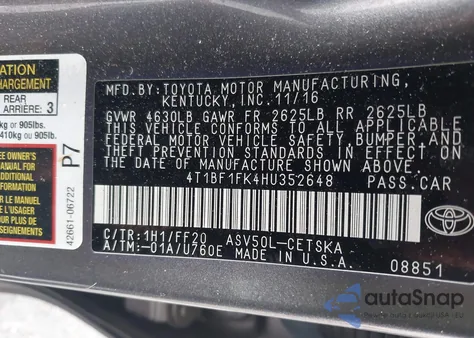 2017 Toyota Camry Se z USA, uszkodzony, nr VIN 4T1BF1FK4HU352648